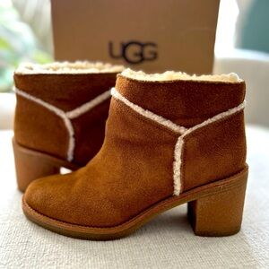 Ugg beige booties with 2.75” heel.